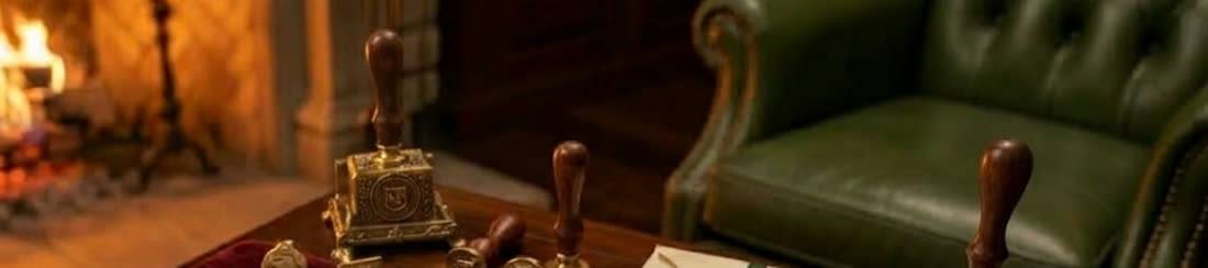 Brass sealing stamps with turned wooden handles on a mahogany desk, firelight to one side and a green leather chair beyond.