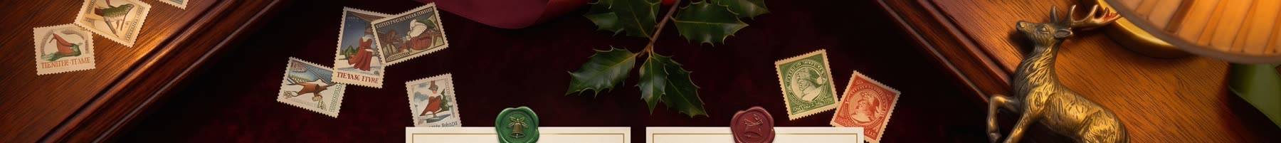 Vintage North Pole postage stamps, holly and a brass reindeer on oxblood velvet.