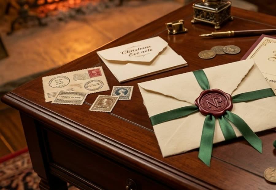 A cream envelope tied with green ribbon and sealed with burgundy wax, beside a Christmas Eve note, vintage stamps and an inkwell on a mahogany table by the fire.