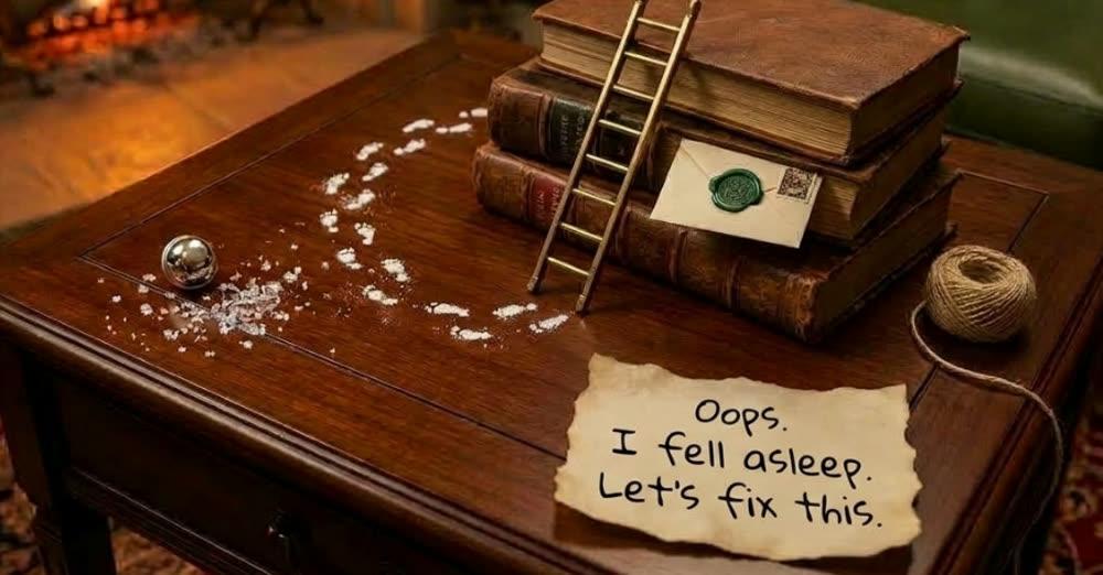 A trail of tiny footprints in spilled sugar across a table, a miniature brass ladder against a stack of old books, a green-sealed envelope, a jingle bell and a handwritten note reading “Oops. I fell asleep. Let’s fix this.”