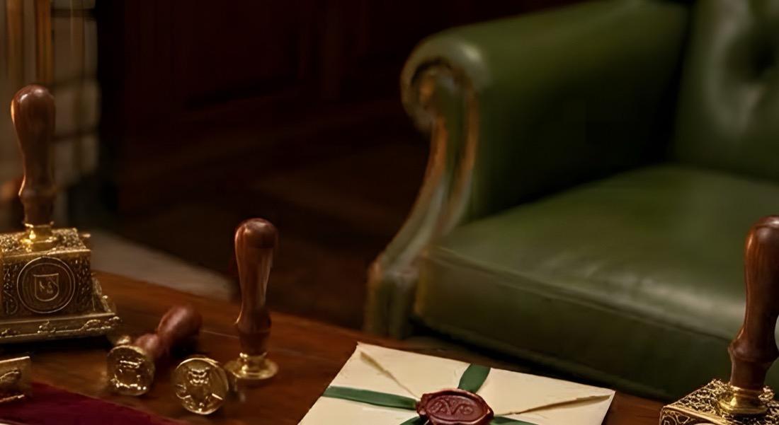 Brass sealing stamps with turned wooden handles and a wax-sealed envelope on a mahogany desk, a green leather chair beyond.