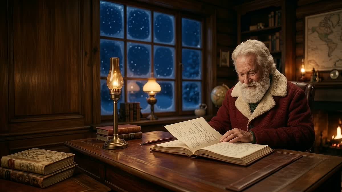 Santa reading his ledger by lamplight in his North Pole study, snow falling beyond the window.